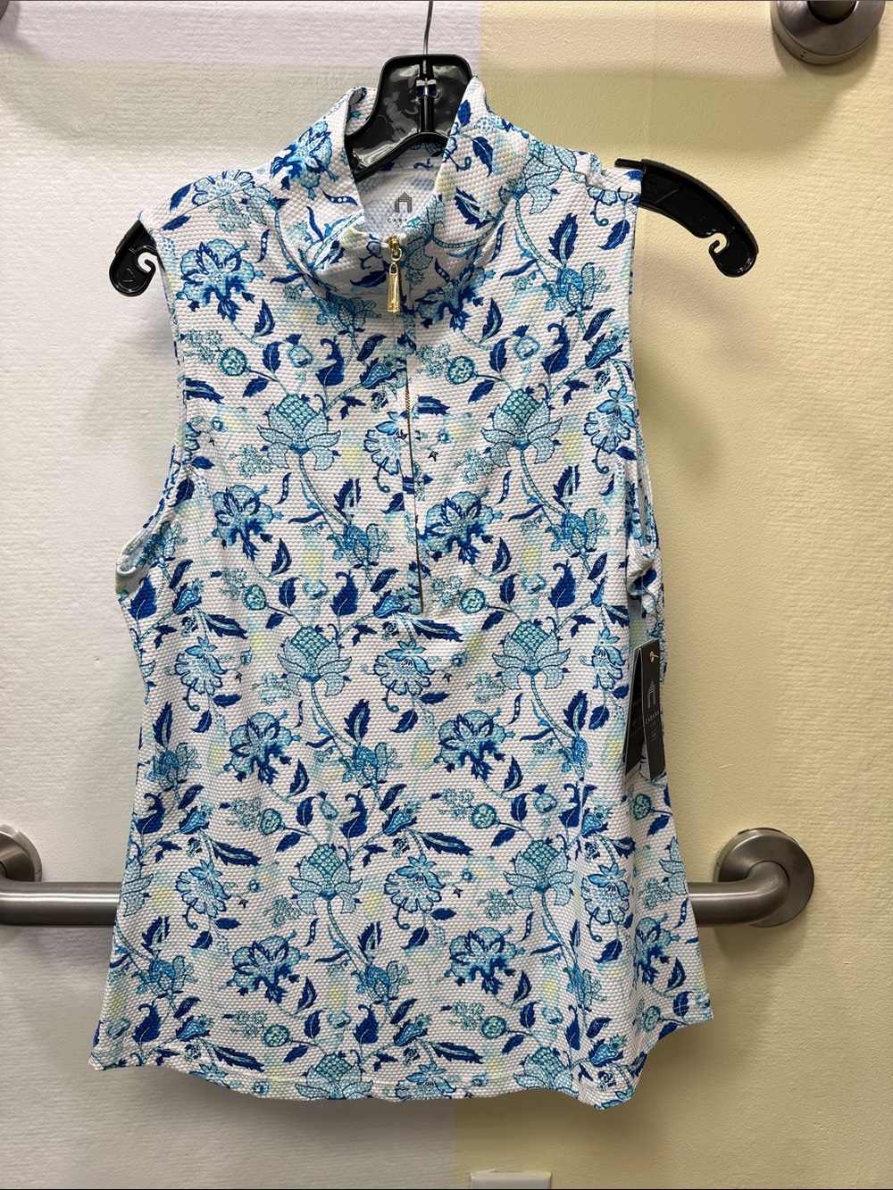 Cabana Life Blue Floral Zip-Neck Sleeveless Tank